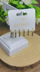 Trio Brincos Argolinha Coração com Zircônia Azul Banhado em Ouro 18k