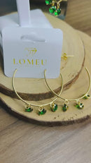 Brinco Argola com 3 Pedras Verde Esmeraldas Banhado em Ouro 18k