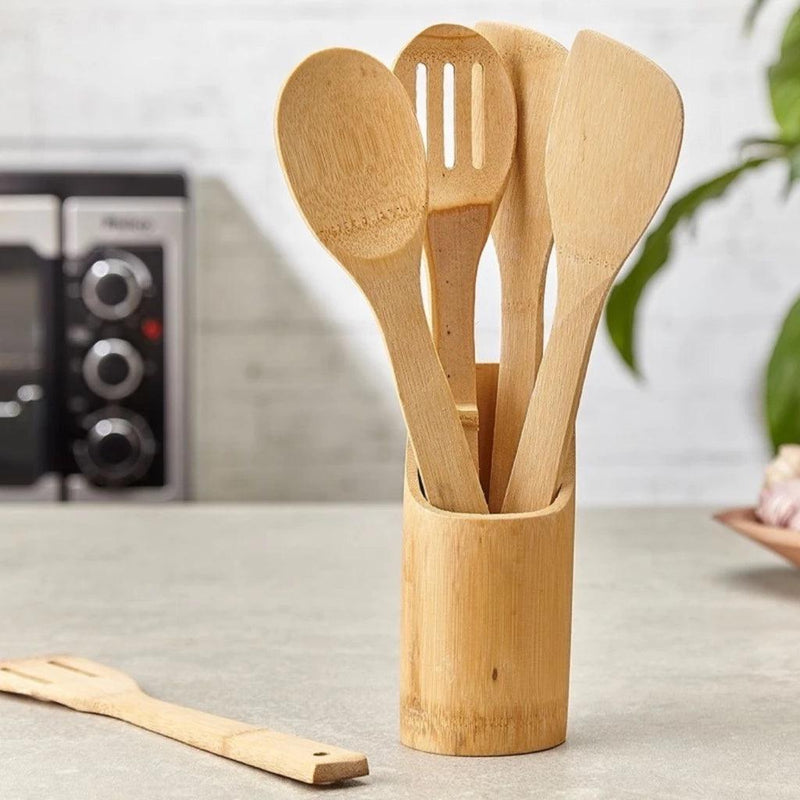 Kit Culinário Colher Bambu Pau Suporte Utensílios Cozinha 5 Peças.